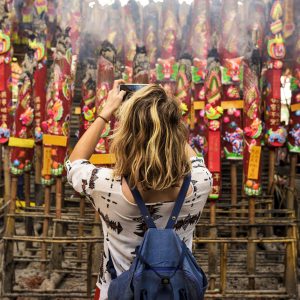 Young Woman Traveler Chinese Temple Concept